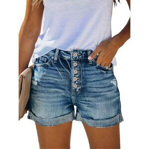 Women Blue Mid Rise Ripped Jean Shorts Stretchy Folded Hem Hot Short Jeans